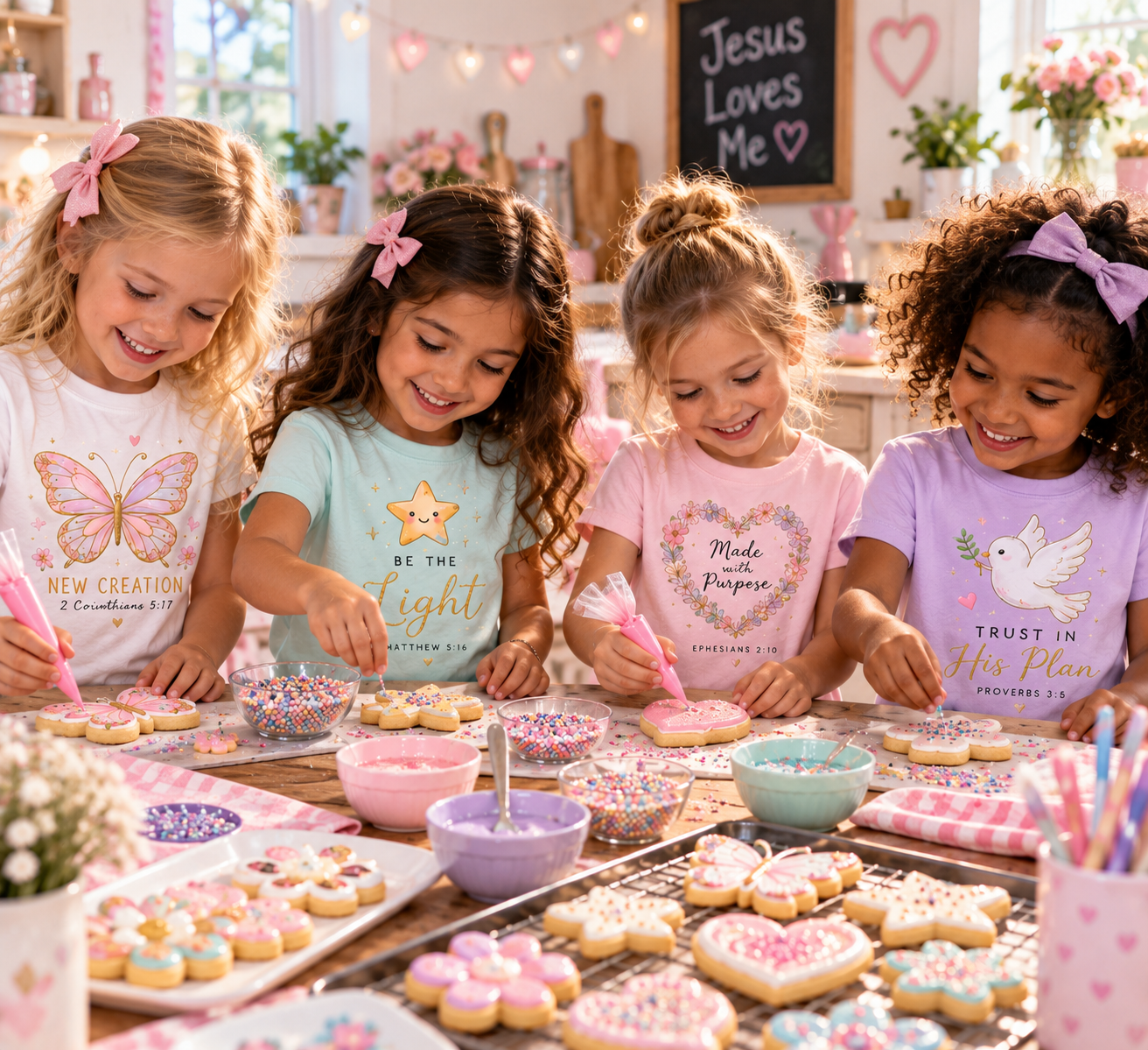 Little girls baking together in SET APART faith-based T-shirts